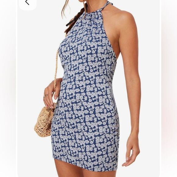 Andie Baja Halter Swim dress + Bikini Bottom Denim Floral Blue sz Small NWOT - Picture 1 of 13
